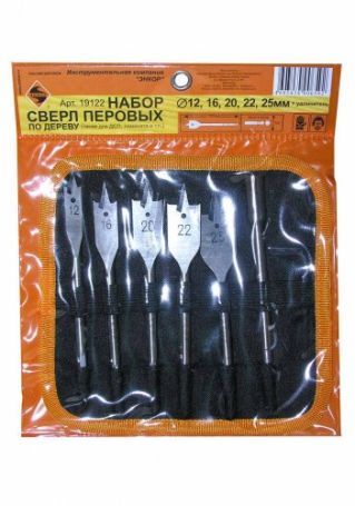 Набор сверл для дерева перовых, 12-25Х152 мм, 5 штук + 1 удлинитель 152 мм, сумка Энкор 19122 (L1- мм, L2- мм, D1- мм, D2- мм)