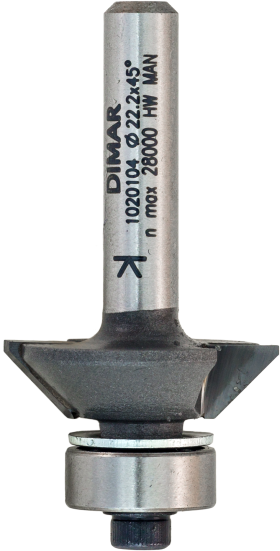 Фреза Dimar 1020103 фаска угловая 45° D22,2x6,3 L47 подшипник, хвостовик 6 (L1-47 мм, L2-6.3 мм, D1-22.2 мм, D2-6 мм)