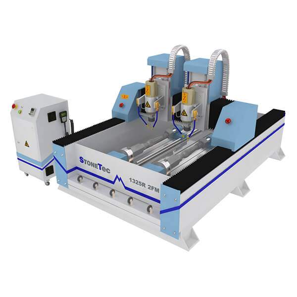 Фрезерный станок ЧПУ StoneTec 1325R 2FM — два шпинделя и поворотных устройства для обработки камня