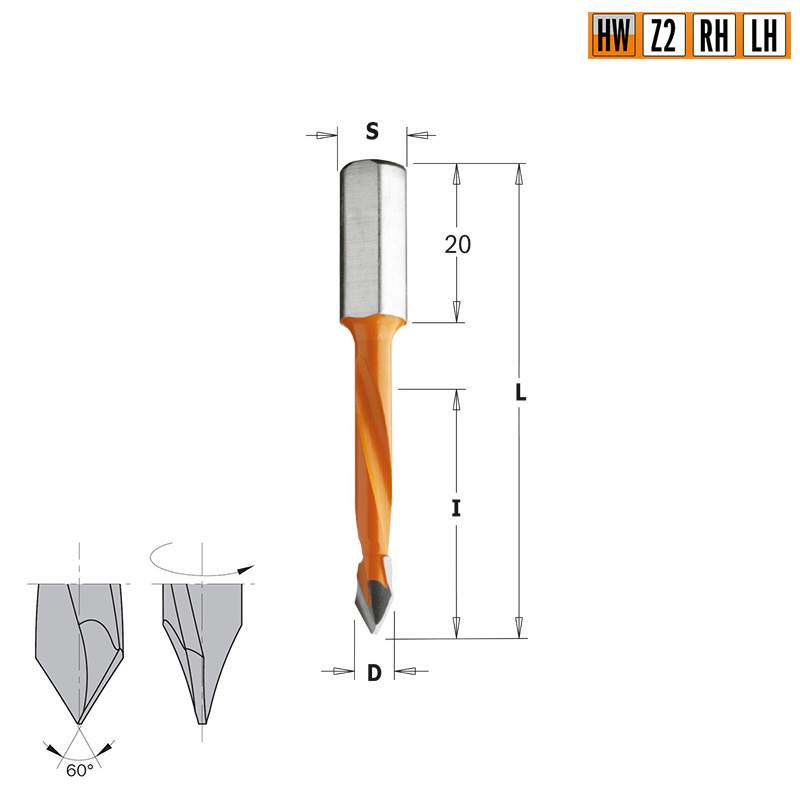 Сверло HW для присадочного станка 8x30x56 Z=2 S=8x20 LH CMT 367.080.12