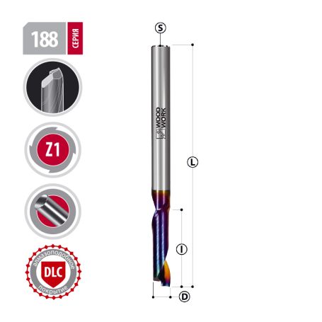 Фреза по алюминию 6х80х8 Z1 Woodwork 188.060.80 (L1-8 мм, L2-80 мм, D1-6 мм, D2-6 мм)
