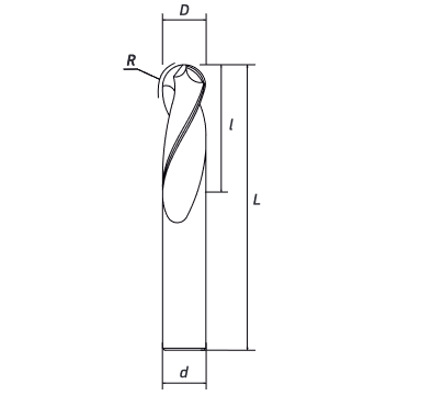 Концевая сферическая фреза 2 зуба, HRC 45, AlTiN 10х20х150 R5 RODMIX 6100201506 (L1-150 мм, L2-20 мм, D1-10 мм, D2-10 мм)