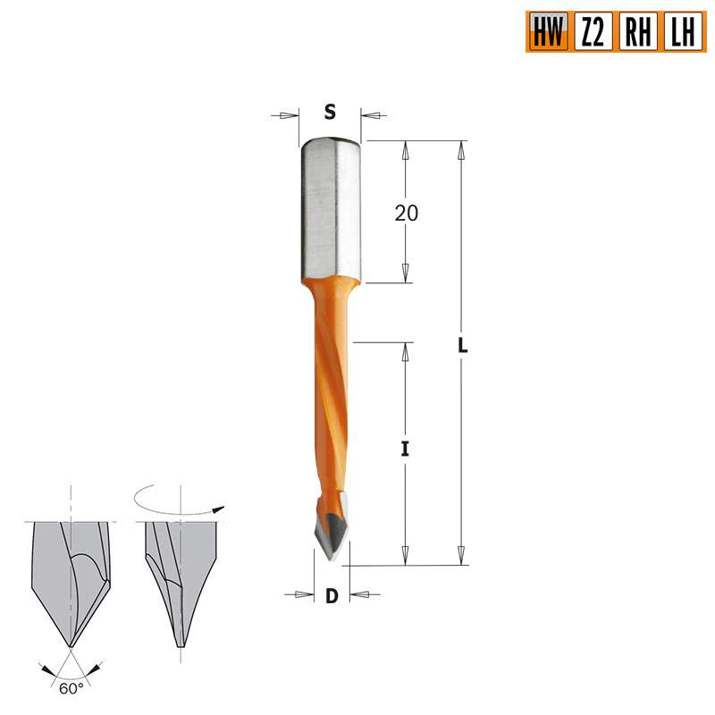 Сверло HW для присадочного станка 8x43x70 Z=2 S=8x20 RH CMT 368.080.11