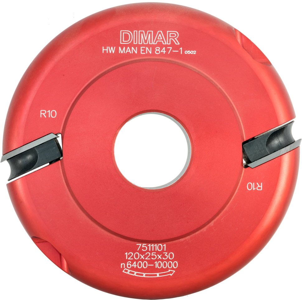 Фреза насадная Dimar 7511101  галтель+радиус 10мм D120x25 Z2 сменные ножи посадка 30 (L1- мм, L2-25 мм, D1-120 мм, D2-30 мм)