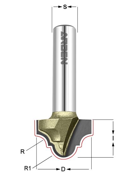 Фреза Классический узор R=2.4  Z=2 D=12.7x9.5x40 S=8 ARDEN 211811 (L1-40 мм, L2-9.5 мм, D1-12.7 мм, D2-8 мм)