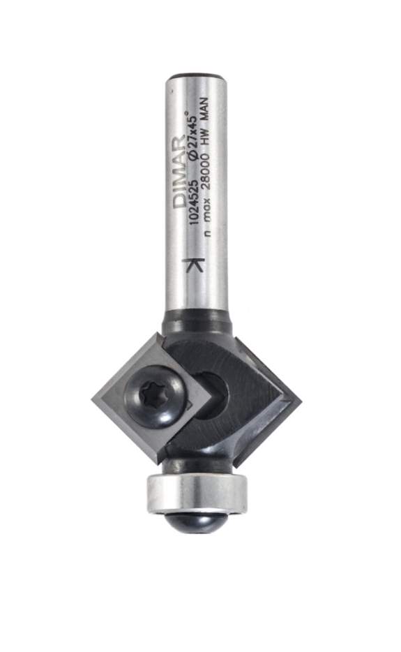 Фреза Dimar E1093215 фаска угловая 45º радиус R3 D27,3x5,7 L60,5 подшипник, сменные ножи хвостовик 8 (L1-60.5 мм, L2-5.7 мм, D1-27.3 мм, D2-8 мм)