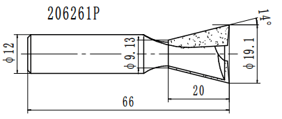 Фреза ласточкин хвост 14гр Z=2 D=19x19x65 S=12 PROCUT 206261P (L1-65 мм, L2-19 мм, D1-19 мм, D2-12 мм)