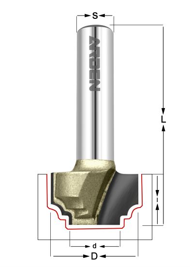 Фреза Декоративный гусёк R=2  Z=2 D=12.7x9.5x40 S=8 ARDEN 212811 (L1-40 мм, L2-9.5 мм, D1-12.7 мм, D2-8 мм)