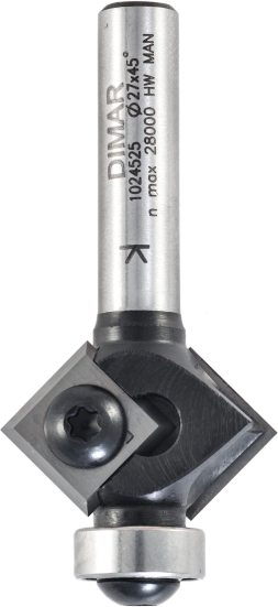 Фреза Dimar 1024525 фаска угловая 45° D27x12 L58 подшипник, сменные ножи хвостовик 8 (L1-58 мм, L2-12 мм, D1-27 мм, D2-8 мм)