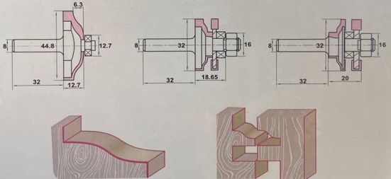Набор из 3-х фрез для филёнок нижний подшипник Z=2 D=44.8x6.3/32x18.65/32x20 L=32 S=8 PROCUT 409844P (L1- мм, L2- мм, D1- мм, D2-8 мм)