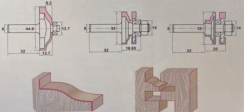 Набор из 3-х фрез для филёнок нижний подшипник Z=2 D=44.8x6.3/32x18.65/32x20 L=32 S=8 PROCUT 409844P