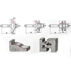 Набор из 3-х фрез для филёнок нижний подшипник Z=2 D=44.8x6.3/32x18.65/32x20 L=32 S=8 PROCUT 409844P