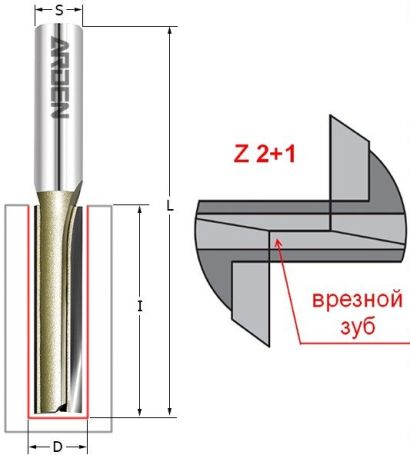 Фреза пазовая с врезным зубом Z2+1 (длинная серия) D=12x30x120 S=8 ARDEN 105836L (L1-120 мм, L2-50 мм, D1-12 мм, D2-8 мм)