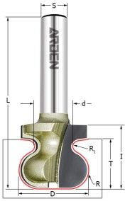 Фреза профильная (Ручка) Z=2 R1=9.13 R2=2.38 D=34.93x22.22x62 S=12 ARDEN 502221 (L1-62 мм, L2-4 мм, D1-60 мм, D2-12 мм)