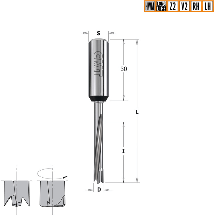 Сверло  HWM для присадочного станка  S=10x30 D=8x30x70 RH CMT 311.080.71
