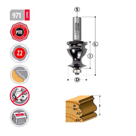 Фреза для карнизов и молдингов D=28.6 I=41 L=90 S=12 971.228.12 Woodwork (L1-90 мм, L2-41 мм, D1-28.6 мм, D2-12 мм)