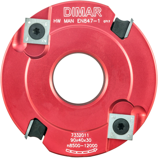 Фреза насадная Dimar 7332011 четвертные прямой рез четверть 40x15мм D90 aluminum Z2+4 корпус алюминий сменные ножи посадка 30 (L1- мм, L2-40 мм, D1-90 мм, D2-30 мм)