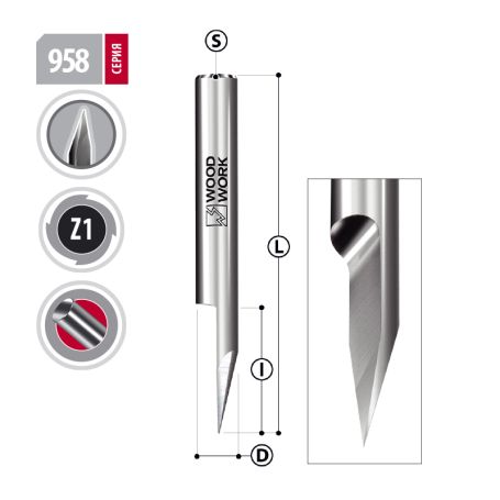 Фреза для гравирования 6х50 угол 30 гр. Woodwork 958.5030.06 (L1-50 мм, L2-25 мм, D1-6 мм, D2-6 мм)