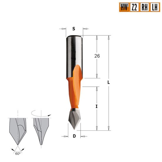 Сверло HW для присадочного станка 5x27x57,5 Z=2 S=10x26 RH CMT 313.050.11