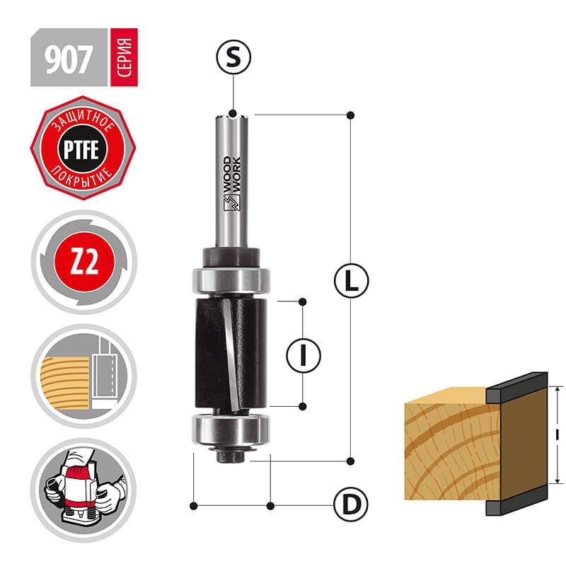 Фреза обгонная с верхним и нижним подшипниками D=19,5mm, I=25,4mm, L=83mm, Z=2, S=8mm Woodwork 907.1925.08 (L1-83 мм, L2-25.4 мм, D1-19.05 мм, D2-8 мм)