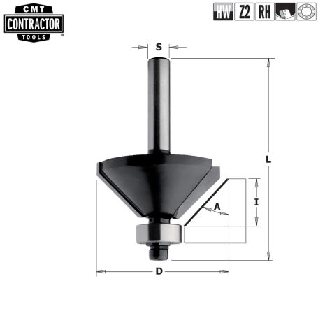 Фреза концевая CMT-contractor фасочная 45гр. (нижн. подш.) S=8 D=35x15x56 K936-350 (L1-56 мм, L2-15 мм, D1-35 мм, D2-8 мм)
