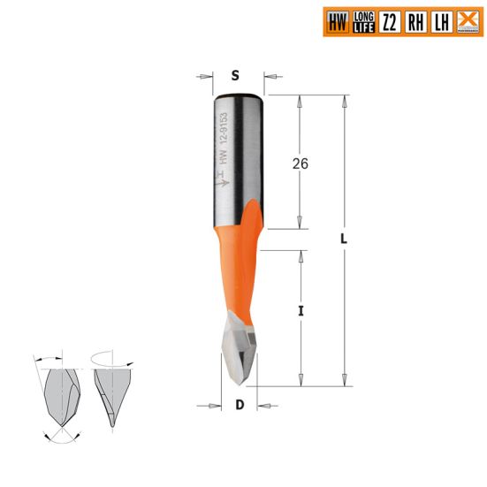 Сверло HW для присадочного станка 8x27x57,5 Z=2 S=10x26 RH CMT 313.080.41