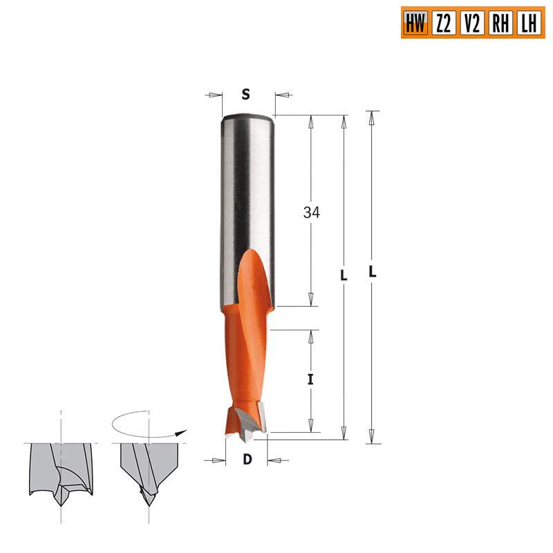 Сверло HW для присадочного станка 6x18x57,5 Z=2+2 S=10x34 RH CMT 361.060.11