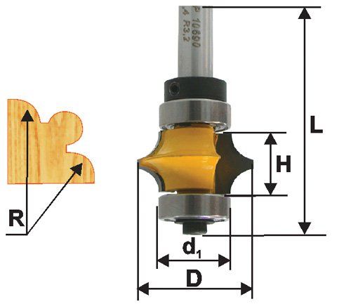 Фреза кромочная фигурная Ф22,3Х9,5 мм R3,2 мм, хвостовик 8 мм Энкор 46426 (L1-61 мм, L2-9.5 мм, D1-22.3 мм, D2- мм)