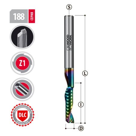 Фреза спиральная для обработки алюминия 5х22х60  Z1 DLC покрытие Woodwork 188.2260.05 (L1-60 мм, L2-22 мм, D1-5 мм, D2-5 мм)