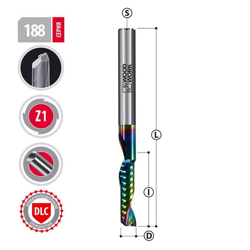 Фреза спиральная для обработки алюминия 5х22х60  Z1 DLC покрытие Woodwork 188.2260.05 (L1-60 мм, L2-22 мм, D1-5 мм, D2-5 мм)