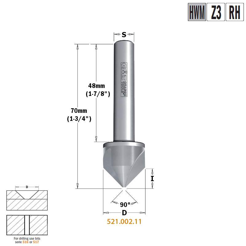 Зенкер с цилиндрическим хвостовиком Z3 S=10x48 D=19,5x9x70 RH CMT 521.002.11