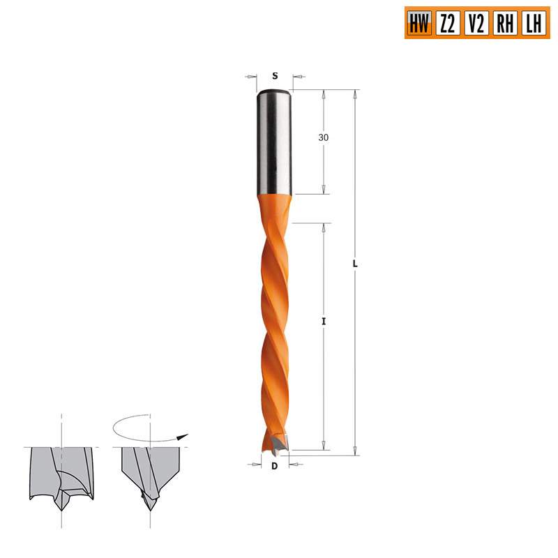 Сверло HW для присадочного станка 12x65x105 Z=2+2 S=10x30 LH CMT 372.120.12