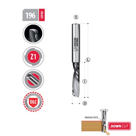 Фреза 3х12х40 Z=1 Down Cut + DLC Woodwork 196.1240.3D (L1-40 мм, L2-12 мм, D1-3 мм, D2-3 мм)