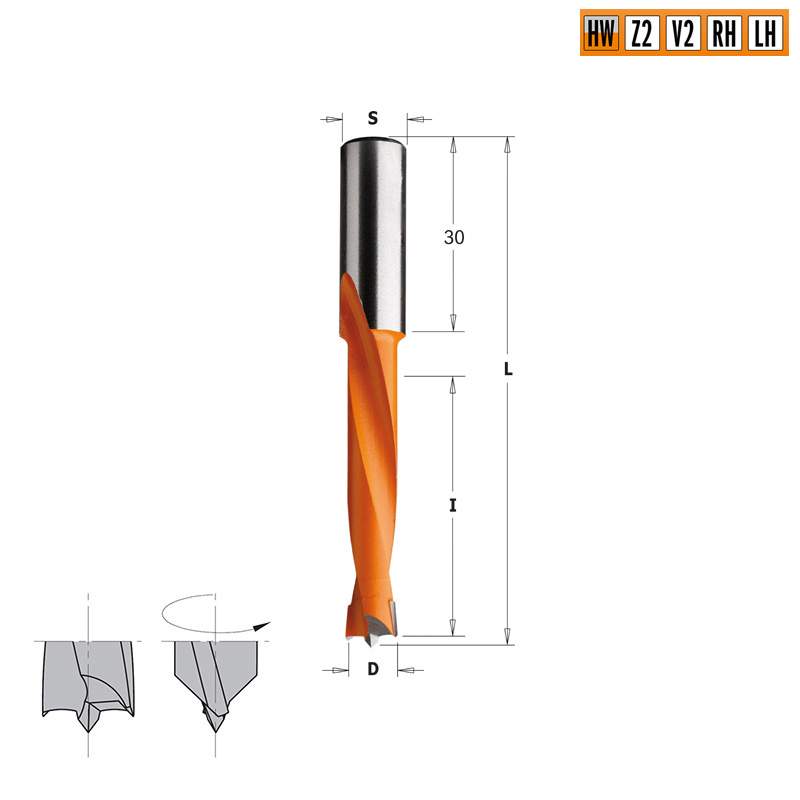 Сверло HW для присадочного станка 7x44x77 Z=2+2 S=10x30 LH CMT 362.070.12