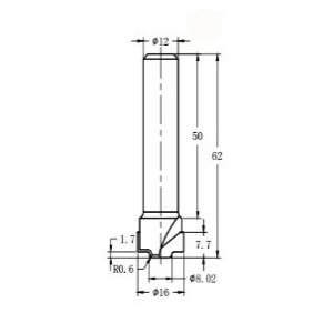 Фреза алмазная филёночная TD-121 D=16x7.7x62 S=12 Rotis 821612.01 (L1-62 мм, L2-7.7 мм, D1-16 мм, D2-12 мм)