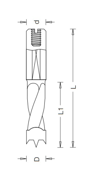 Сверло Dimar 5580077L глухое левое D10,5x27 L57,5 хвостовик 10x27 присадка (L1-57.5 мм, L2- мм, D1-10.5 мм, D2-10 мм)