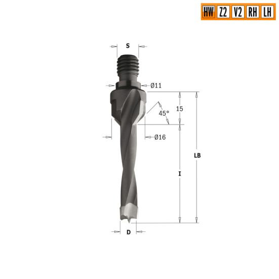 Сверло HW для присадочного станка 10x30x Z=2+2 S=M10/11x4 RH CMT 327.100.11