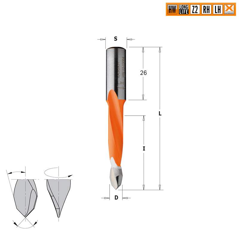 Сверло HW для присадочного станка 6x35x70 Z=2 S=10x26 RH CMT 314.060.41