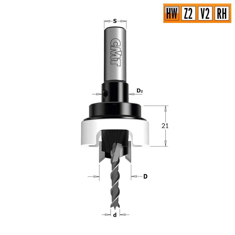 Сверло с зенкером и ограничителем 90° HW Z2+2 S=10X25 D=5/15 RH CMT 515.515.11A