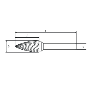 Борфреза параболическая с точечным торцом G 06х13 M03 алмазная насечка RODMIX 2706130304 (L1- мм, L2-13 мм, D1-6 мм, D2-3 мм)