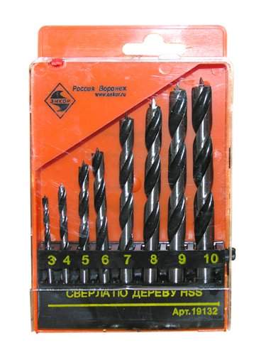 Набор сверл для дерева спиральных Ф3,4,5,6,7,8,9,10 мм,8 штук, пластиковый кейс Энкор 19132