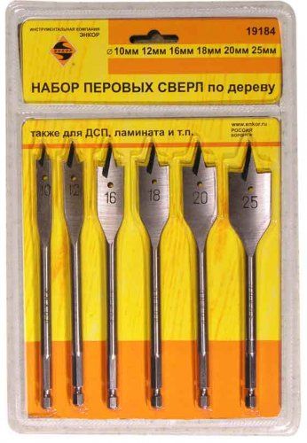 Набор сверл для дерева перовых, 6 штук, блистер Энкор 19184 (L1- мм, L2- мм, D1- мм, D2- мм)