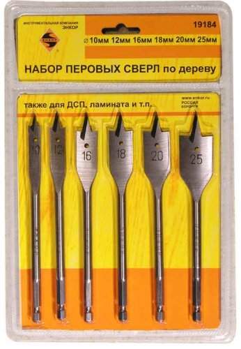 Набор сверл для дерева перовых, 6 штук, блистер Энкор 19184